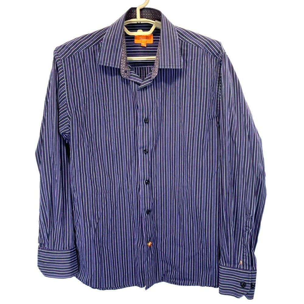 Tallia Men's Dress Shirt M 15.5 Flip Cuff Button Front Striped Cotton RN87049